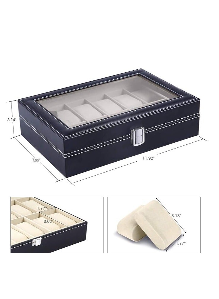 سبيس شوب حافظات الساعات، صندوق الساعات، حامل الساعات، منظم عرض تخزين الساعات، 12 فتحة من جلد البولي يوريثان، غطاء زجاجي، صندوق مجوهرات ناعم للرجال والنساء - Image 1