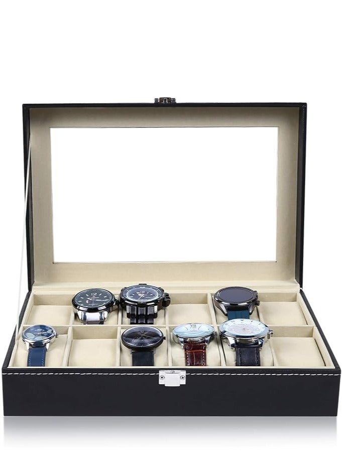 سبيس شوب حافظات الساعات، صندوق الساعات، حامل الساعات، منظم عرض تخزين الساعات، 12 فتحة من جلد البولي يوريثان، غطاء زجاجي، صندوق مجوهرات ناعم للرجال والنساء - Image 2