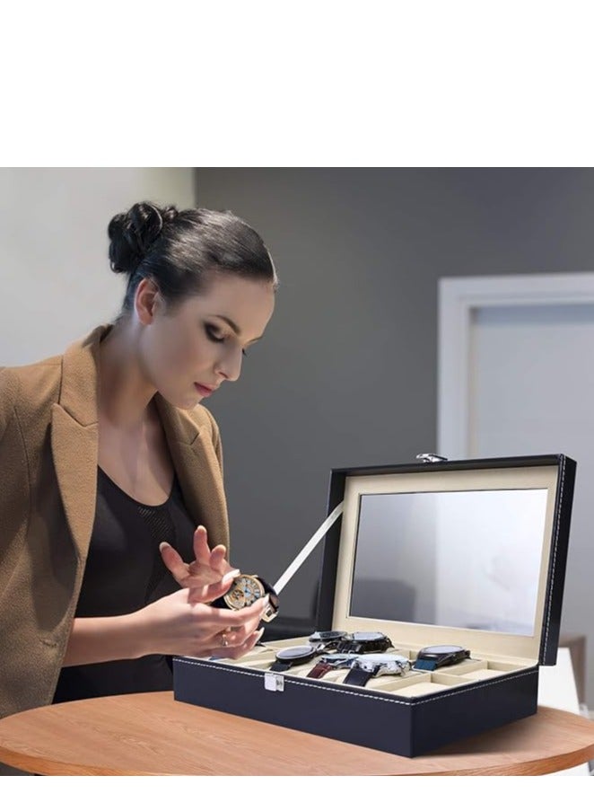 سبيس شوب حافظات الساعات، صندوق الساعات، حامل الساعات، منظم عرض تخزين الساعات، 12 فتحة من جلد البولي يوريثان، غطاء زجاجي، صندوق مجوهرات ناعم للرجال والنساء - Image 4