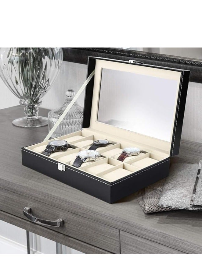سبيس شوب حافظات الساعات، صندوق الساعات، حامل الساعات، منظم عرض تخزين الساعات، 12 فتحة من جلد البولي يوريثان، غطاء زجاجي، صندوق مجوهرات ناعم للرجال والنساء - Image 3