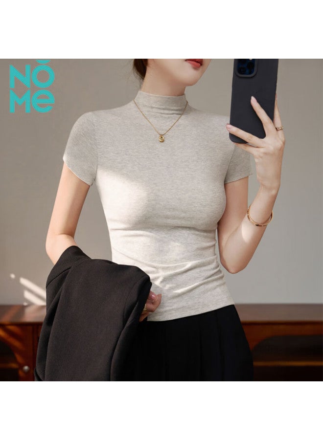Nome Threaded Half High Neck Short Sleeve T-shirt Women's Summer New High-end Tight-fitting Top Linen Gray XL - Image 1
