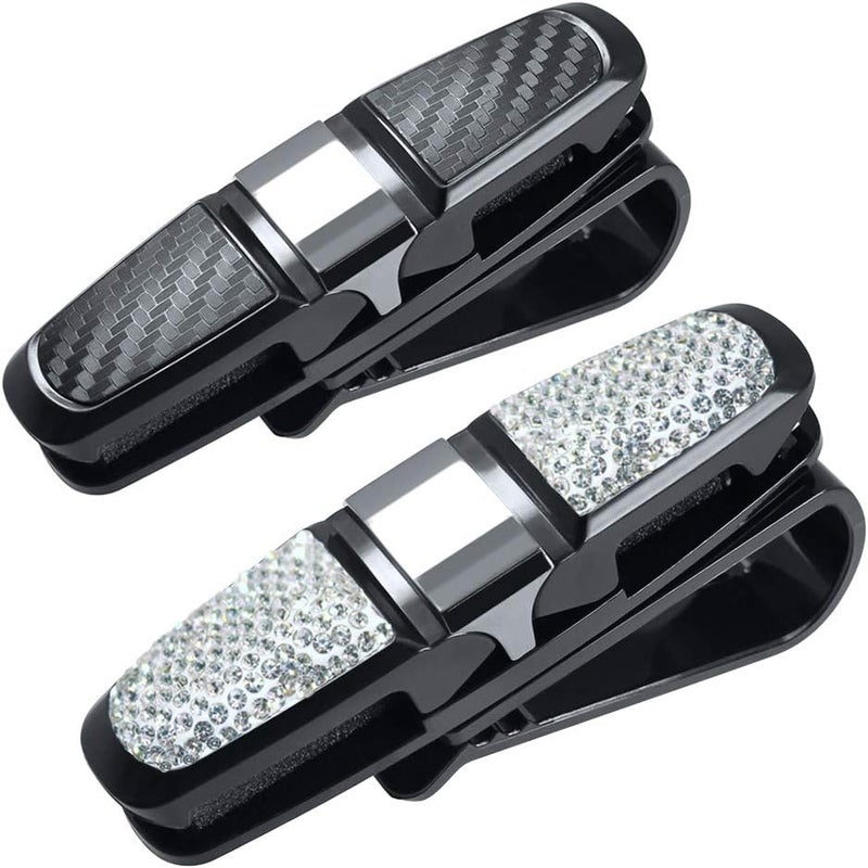FineGood 2 Pack Glasses Holders for Car Sun Visor, Glasses Holder Clip with Rhinestones Crystal Fashion Biling Sunglass Eyeglass Mount Hanger-Sliver & Balck - Image 1