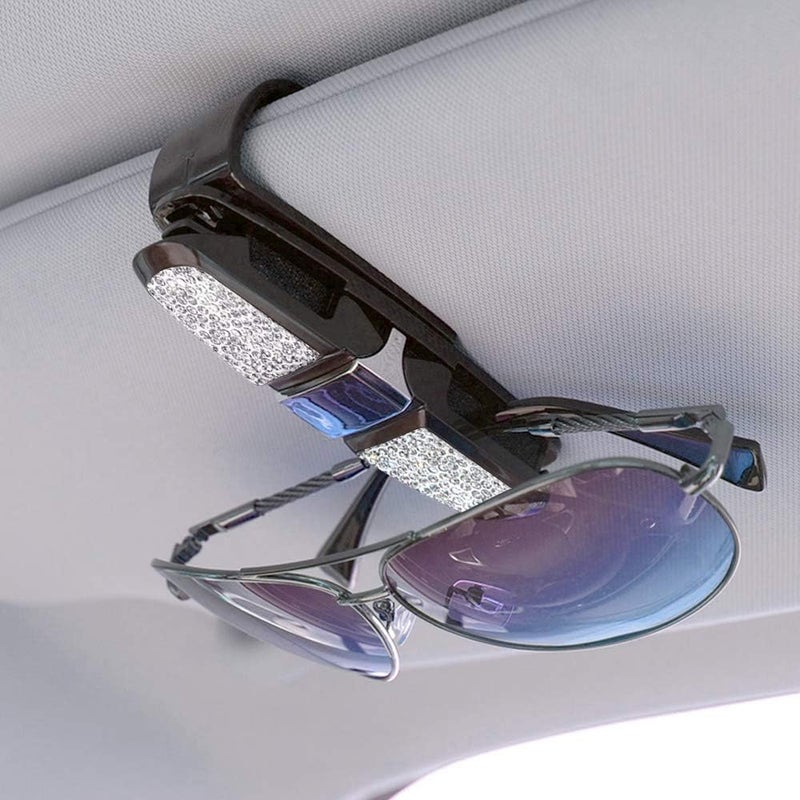 FineGood 2 Pack Glasses Holders for Car Sun Visor, Glasses Holder Clip with Rhinestones Crystal Fashion Biling Sunglass Eyeglass Mount Hanger-Sliver & Balck - Image 2