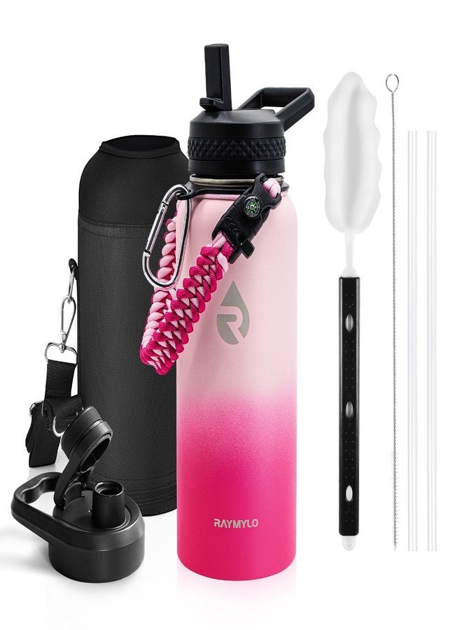 RAYMYLO Insulated Water Bottle 32 oz, Triple Wall Vacuum Stainless Steel (Cold for 48 Hrs), Leak Proof & Non-BPA, Modern Water Flask Jug with Paracord Handle & Straw Spout Lids, Ombre Pink - Image 1
