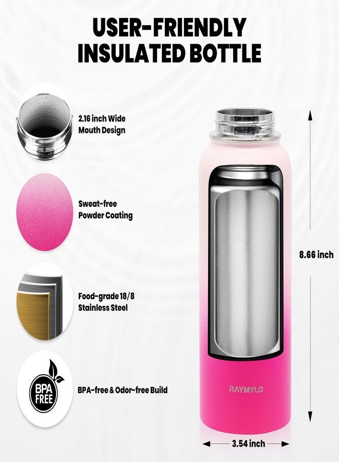 RAYMYLO Insulated Water Bottle 32 oz, Triple Wall Vacuum Stainless Steel (Cold for 48 Hrs), Leak Proof & Non-BPA, Modern Water Flask Jug with Paracord Handle & Straw Spout Lids, Ombre Pink - Image 5