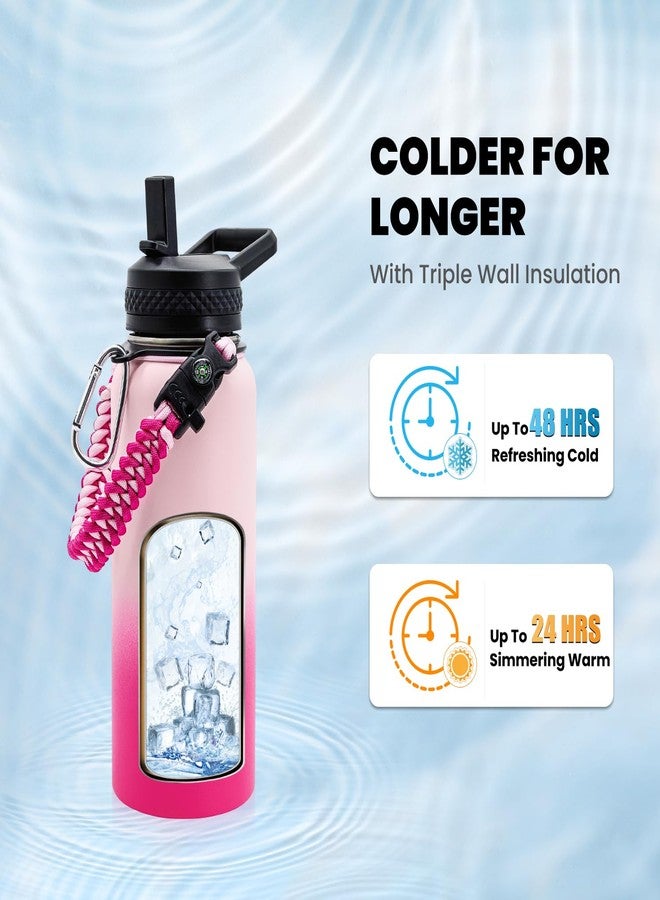 RAYMYLO Insulated Water Bottle 32 oz, Triple Wall Vacuum Stainless Steel (Cold for 48 Hrs), Leak Proof & Non-BPA, Modern Water Flask Jug with Paracord Handle & Straw Spout Lids, Ombre Pink - Image 2