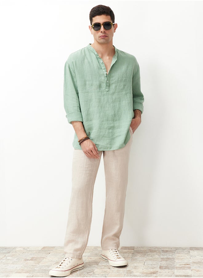 trendyol Taş Limited Edition 100% Linen Straight Fit Elastic Waist Tied Trousers TMNSS24PL00018  - Image 1