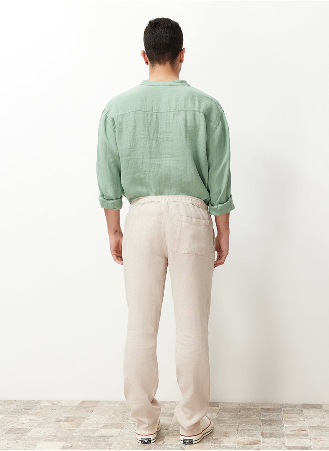 trendyol Taş Limited Edition 100% Linen Straight Fit Elastic Waist Tied Trousers TMNSS24PL00018  - Image 4