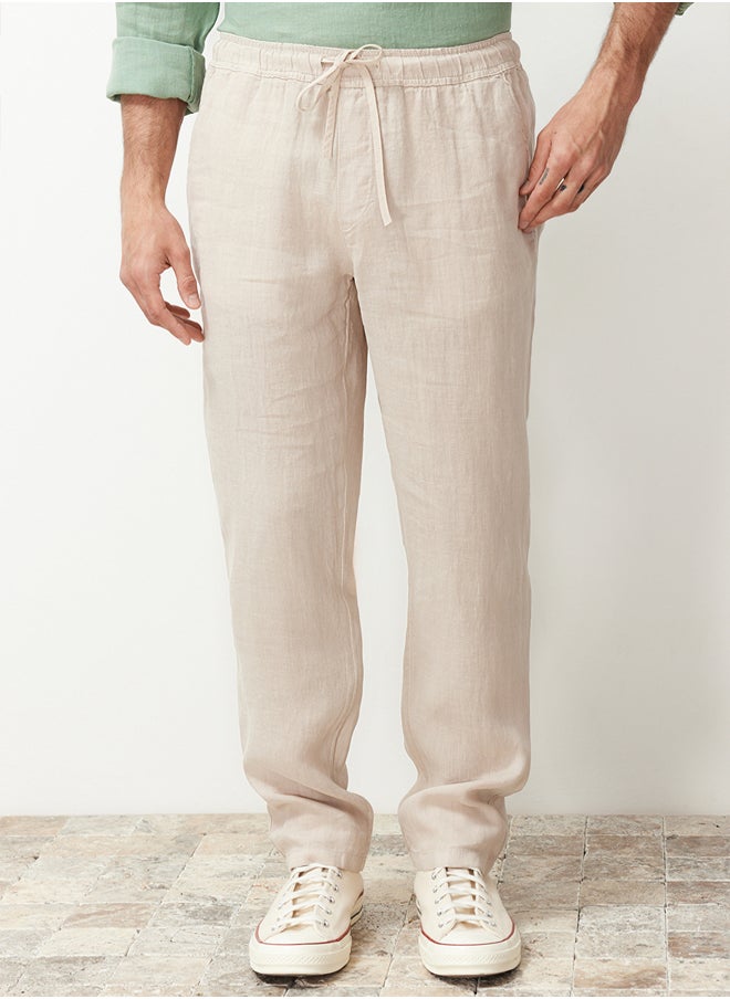 trendyol Taş Limited Edition 100% Linen Straight Fit Elastic Waist Tied Trousers TMNSS24PL00018  - Image 2