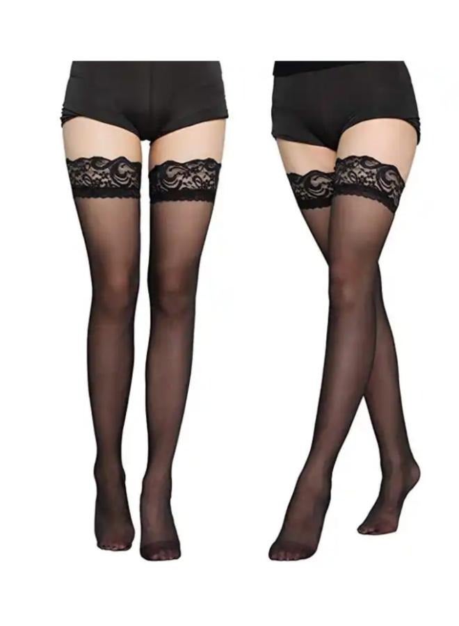 EasyLife 2 Pairs Thigh High Stockings Women's Lace Top Stay Up Silk Semi Sheer Pantyhose for Women - Image 1