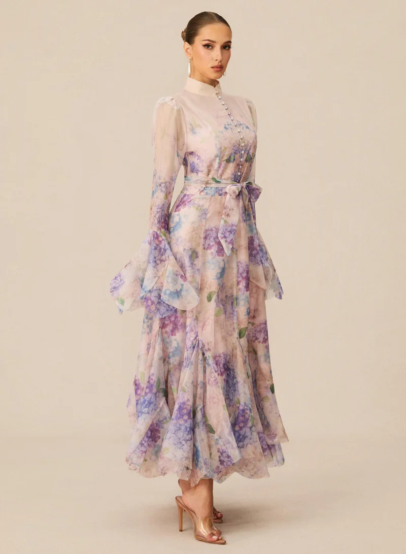 Sunfere Alessia Floral Print Ruffle Cuff Maxi Dress