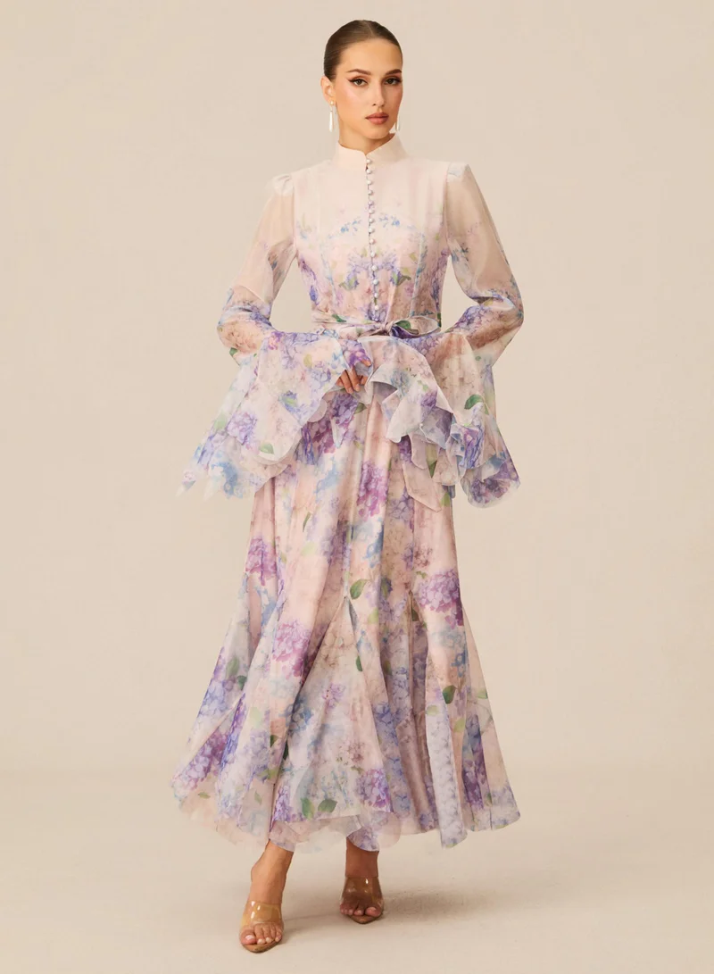 Sunfere Alessia Floral Print Ruffle Cuff Maxi Dress