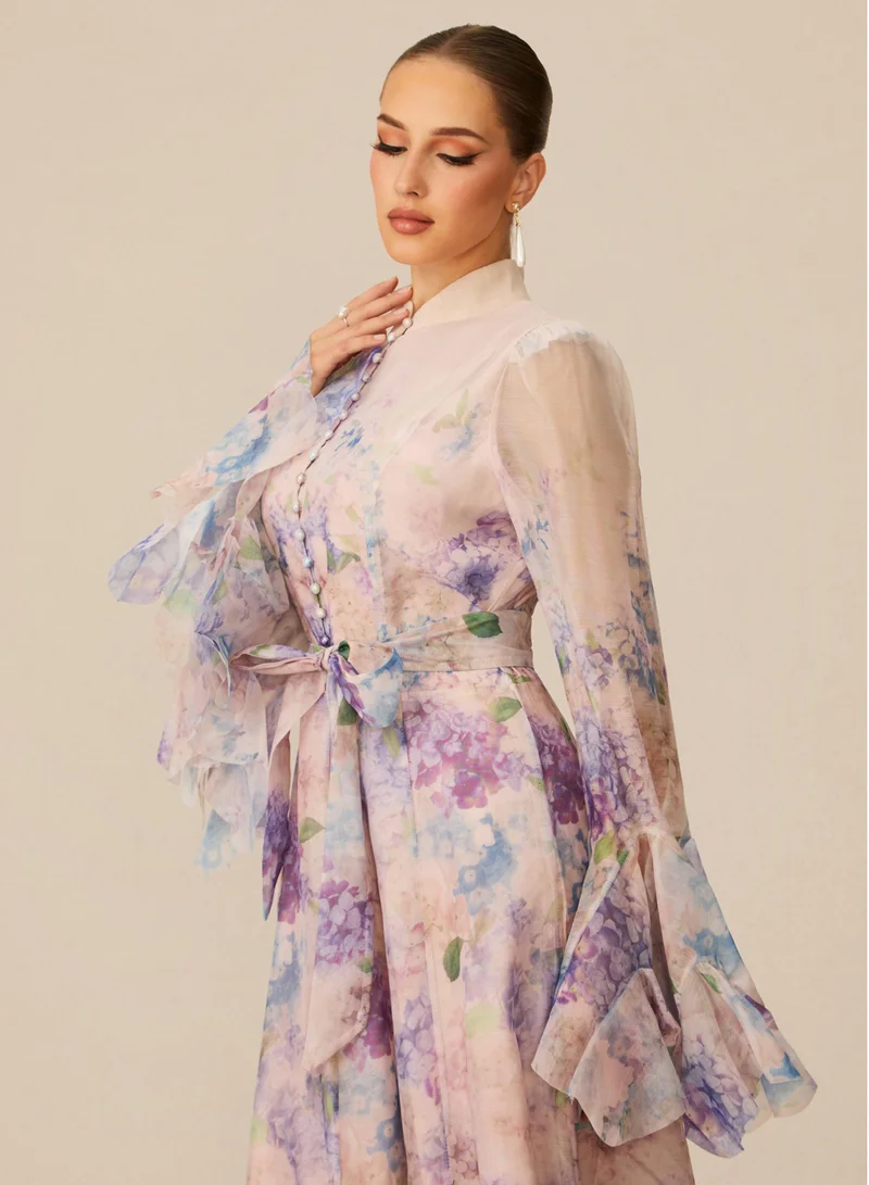 Sunfere Purple Alessia Floral Print Ruffle Cuff Maxi Dress for Women | Best Price UAE