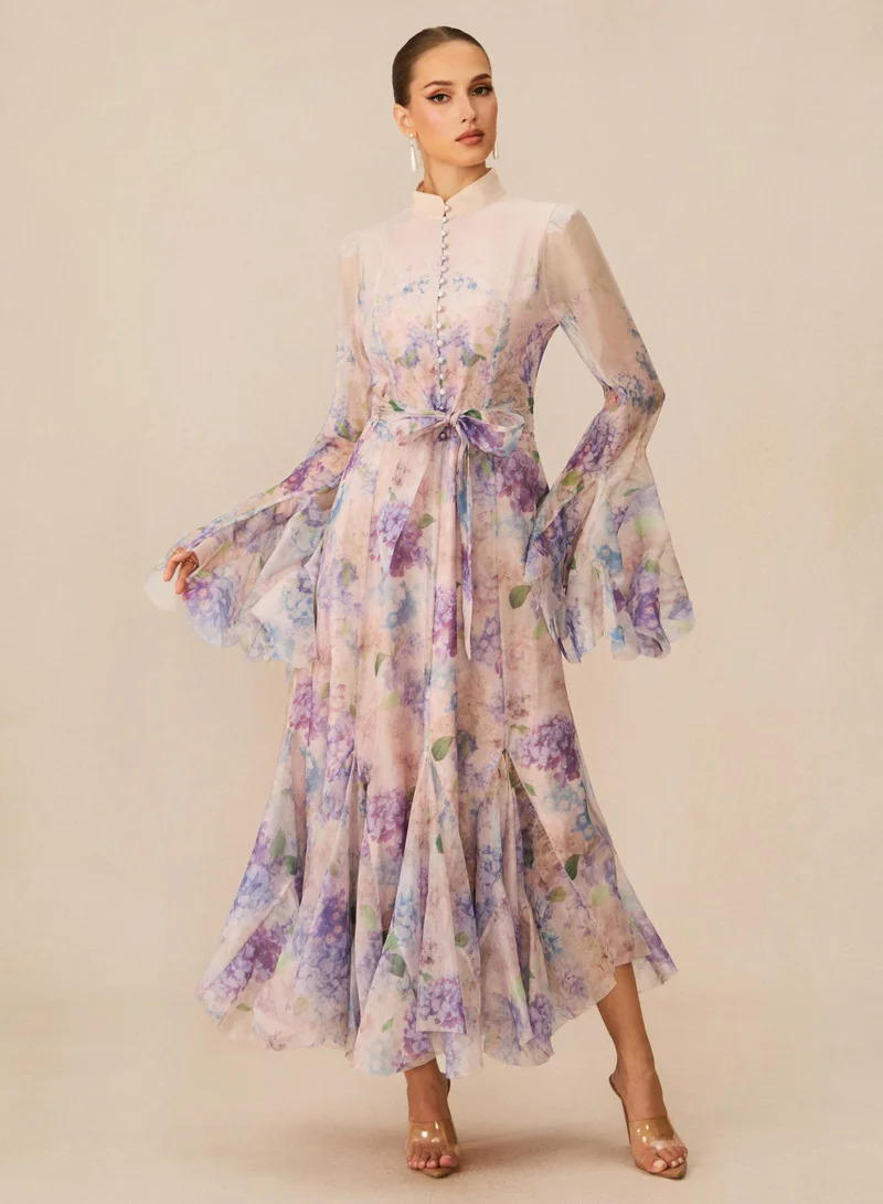 Sunfere Purple Alessia Floral Print Ruffle Cuff Maxi Dress for Women | Best Price UAE