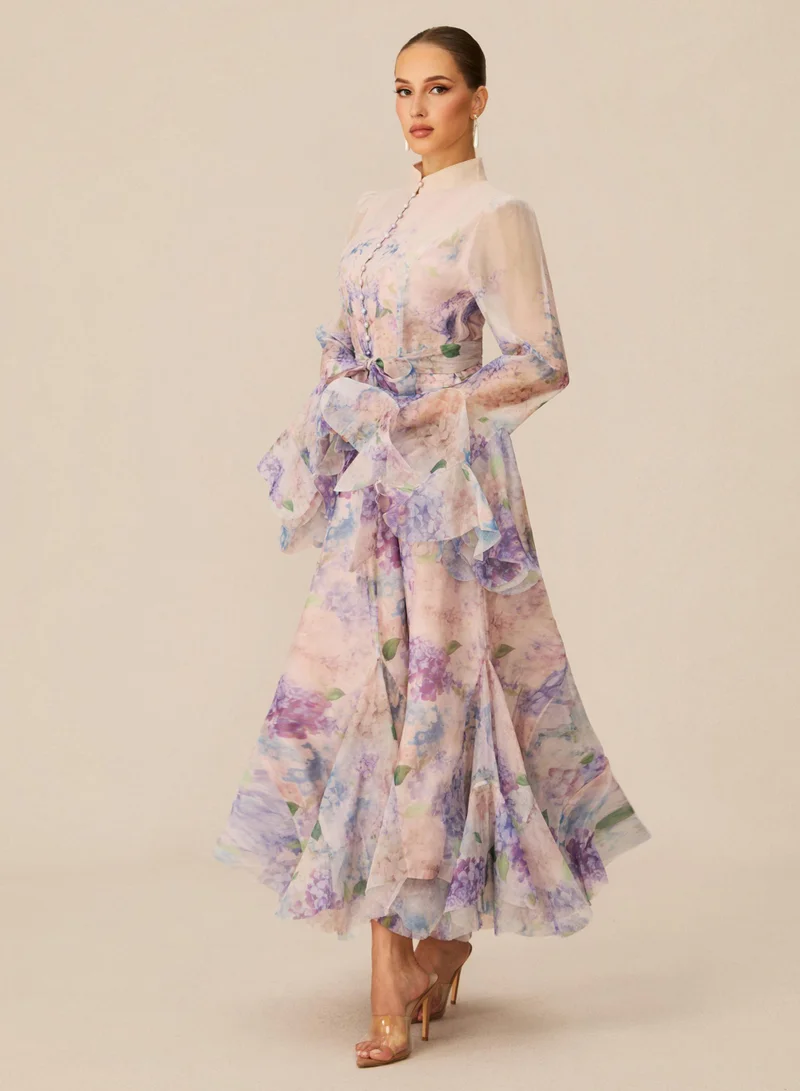 Sunfere Purple Alessia Floral Print Ruffle Cuff Maxi Dress for Women | Best Price UAE