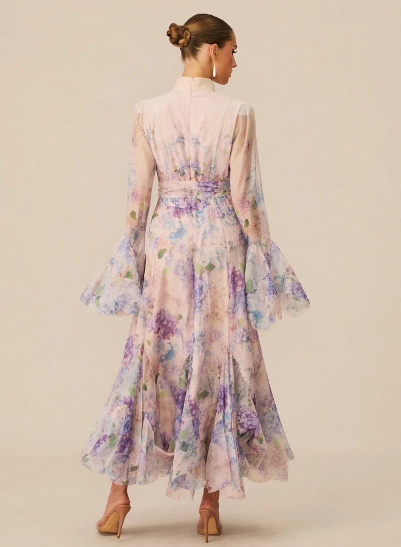 Sunfere Purple Alessia Floral Print Ruffle Cuff Maxi Dress for Women | Best Price UAE