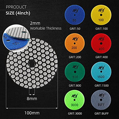 ZFE Diamond Polishing Pads, ZFE 9Pcs 4 Inch 100mm Dry Polishing Pads Set with 5/8”-11 Backing Plate for Granite Concrete Marble Quartz Stone Countertop Polishing - Image 2