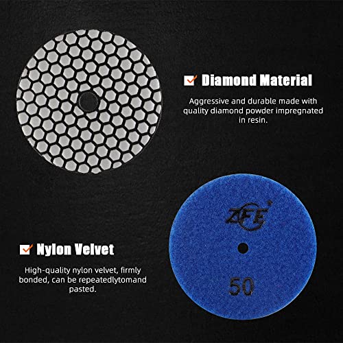 ZFE Diamond Polishing Pads, ZFE 9Pcs 4 Inch 100mm Dry Polishing Pads Set with 5/8”-11 Backing Plate for Granite Concrete Marble Quartz Stone Countertop Polishing - Image 3
