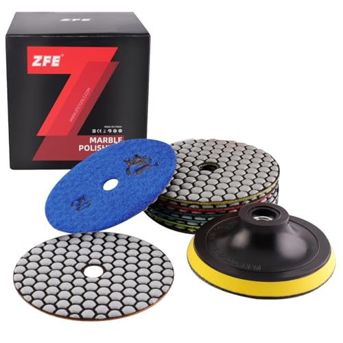 ZFE Diamond Polishing Pads, ZFE 9Pcs 4 Inch 100mm Dry Polishing Pads Set with 5/8”-11 Backing Plate for Granite Concrete Marble Quartz Stone Countertop Polishing - Image 1