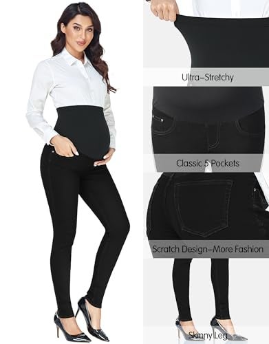 PACBREEZE Women's Maternity Jeans Over Belly Skinny Stretchy Denim Pants Comfy Slim Pregnancy Pants (Black, Large) - Image 2