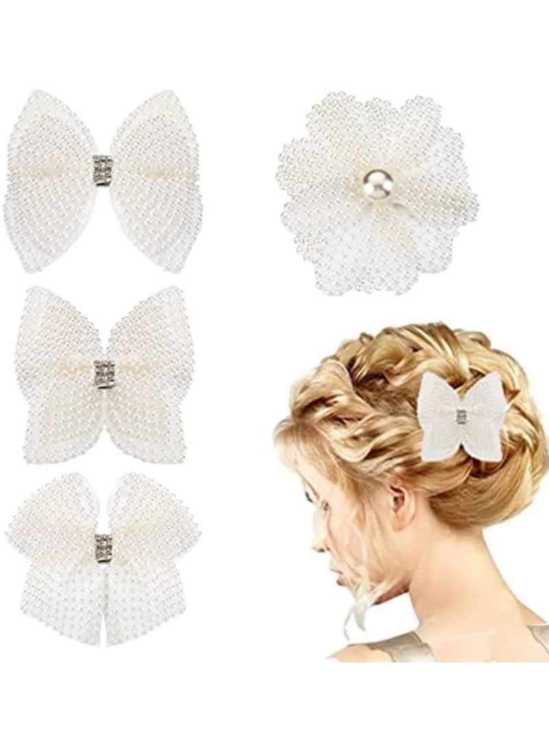 4 Pieces White Rhinestone Hair Bows for Girls Cute Pearls Hair Bow with Alligator Hair Clips Beads Hairgrip for Women Baby Teens Toddlers Children Hair Styling - Image 1
