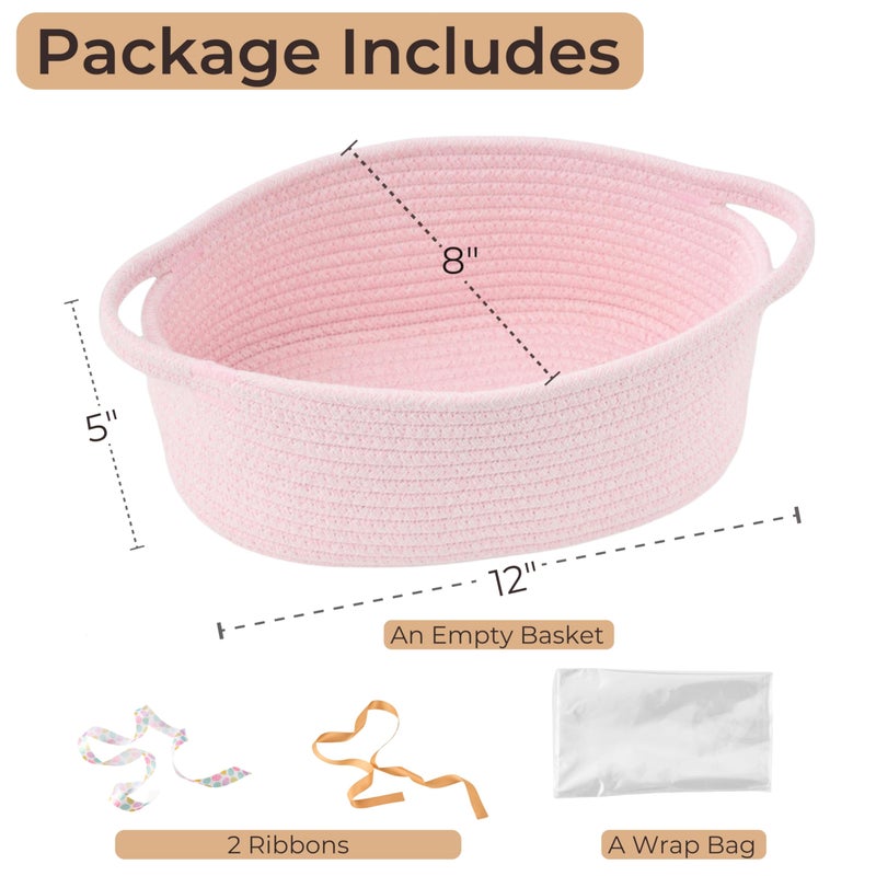 Kodomoore Small Woven Easter Basket with Gift Bag and Ribbon â€“ Empty Burr Basket for Gifts, Baby Shower, & Birthdays â€“ Decorative Rope Storage Organizer for Shelves, 12"x8"x5", Pink - Image 2
