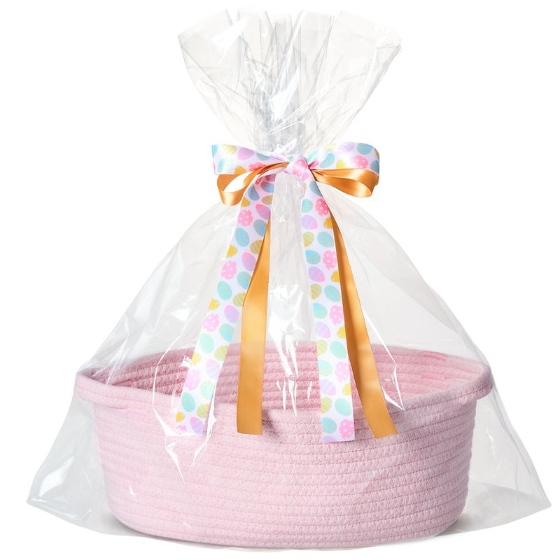 Kodomoore Small Woven Easter Basket with Gift Bag and Ribbon â€“ Empty Burr Basket for Gifts, Baby Shower, & Birthdays â€“ Decorative Rope Storage Organizer for Shelves, 12"x8"x5", Pink - Image 1
