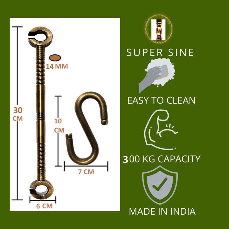 kaushalendra Swing Hammock Hooks Brass Antic Finish 12mm for jhula saliya Hanging Indoor and Outdoor Swings 300kg Capacity Gold 2 Hooks 2 Link - Image 2