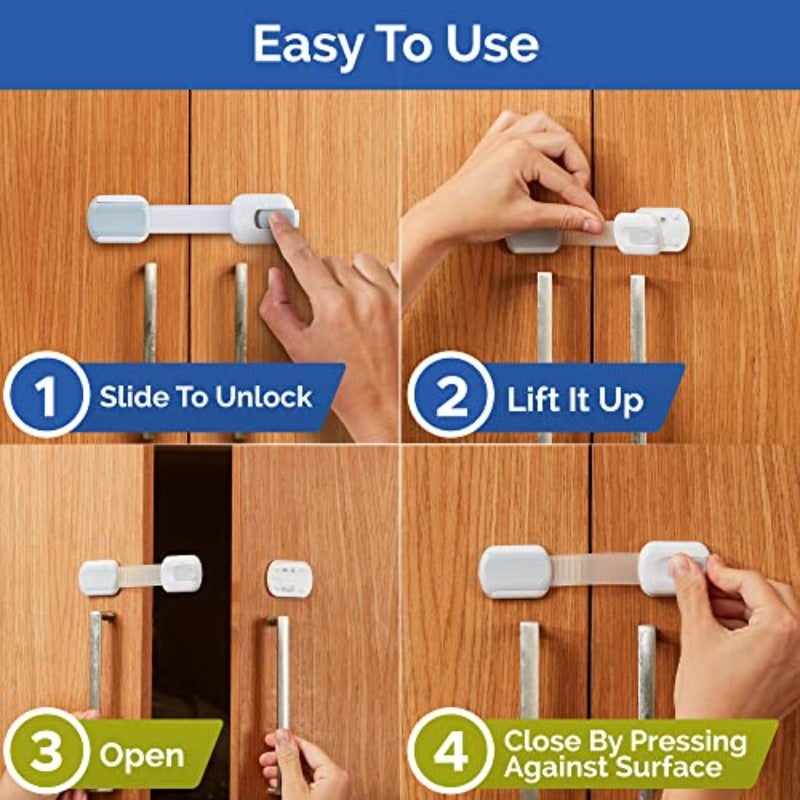 Child Safety Strap Locks 10 Pack Baby Locks for Cabinets and Drawers Toilet Fridge More. 3M Adhesive Pads. Easy Installation No Drilling Required White Gray - Image 3