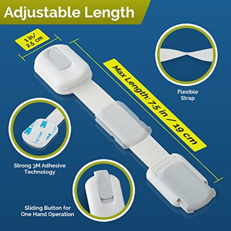 Child Safety Strap Locks 10 Pack Baby Locks for Cabinets and Drawers Toilet Fridge More. 3M Adhesive Pads. Easy Installation No Drilling Required White Gray - Image 4