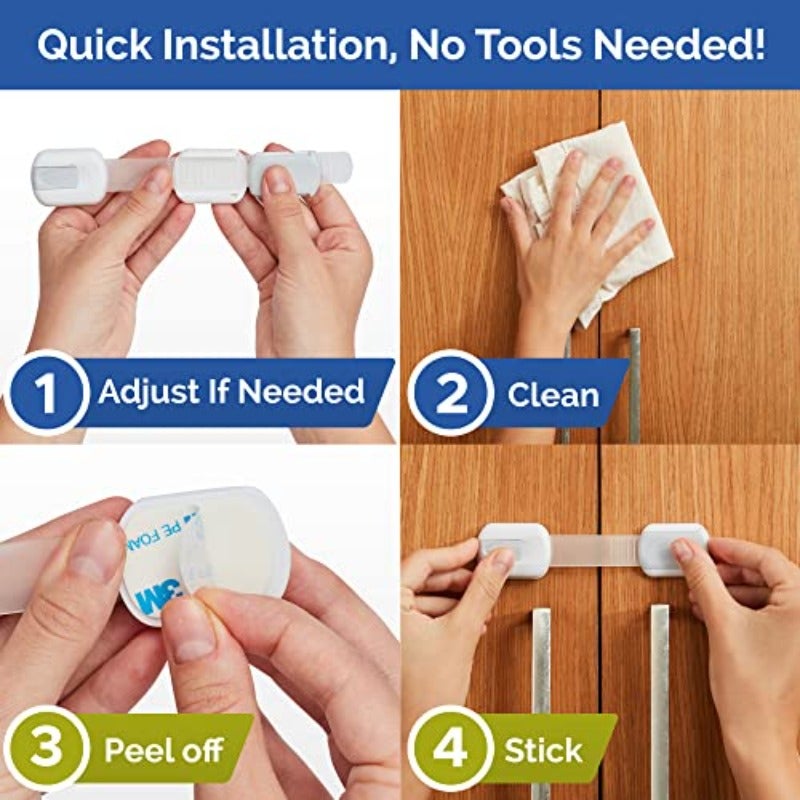 Child Safety Strap Locks 10 Pack Baby Locks for Cabinets and Drawers Toilet Fridge More. 3M Adhesive Pads. Easy Installation No Drilling Required White Gray - Image 5