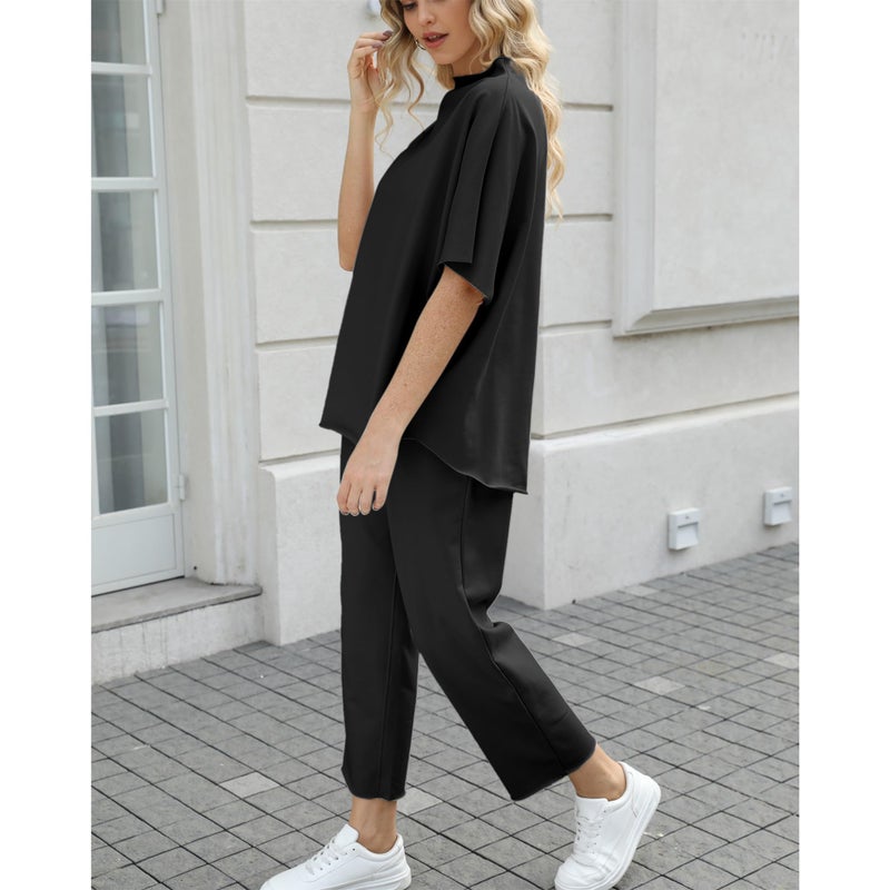 SeeLuNa Women's Two Piece Outfits 3/4 Batwing Sleeve Capelet Crew Neck Pullover Top Wide Leg Pants Lounge Set(Black,XS) - Image 3