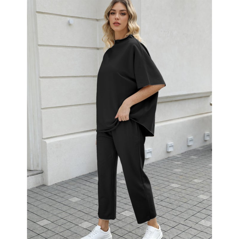 SeeLuNa Women's Two Piece Outfits 3/4 Batwing Sleeve Capelet Crew Neck Pullover Top Wide Leg Pants Lounge Set(Black,XS) - Image 4