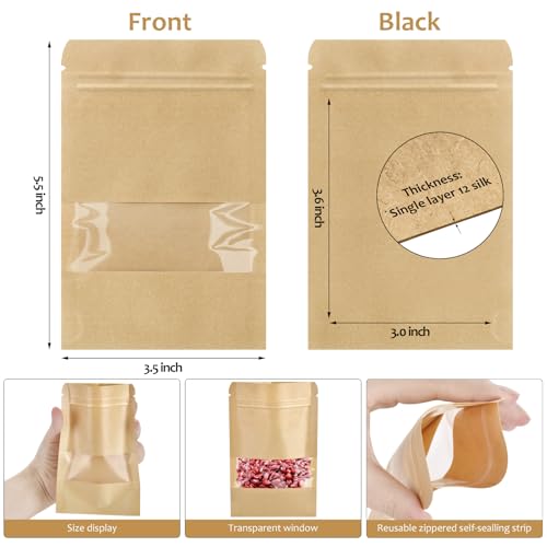 Wteehn 100 Pcs Small Resealable Seed Envelopes, Mini Zip Lock Kraft Bags with Window, 3.5"x5.5" Coffee Sample Bag Resealable Ziplock Bags, Small Business for Samples Food Storage Bag - Image 2