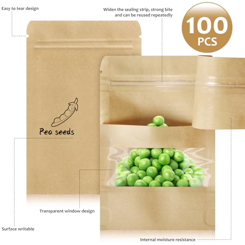 Wteehn 100 Pcs Small Resealable Seed Envelopes, Mini Zip Lock Kraft Bags with Window, 3.5"x5.5" Coffee Sample Bag Resealable Ziplock Bags, Small Business for Samples Food Storage Bag - Image 3