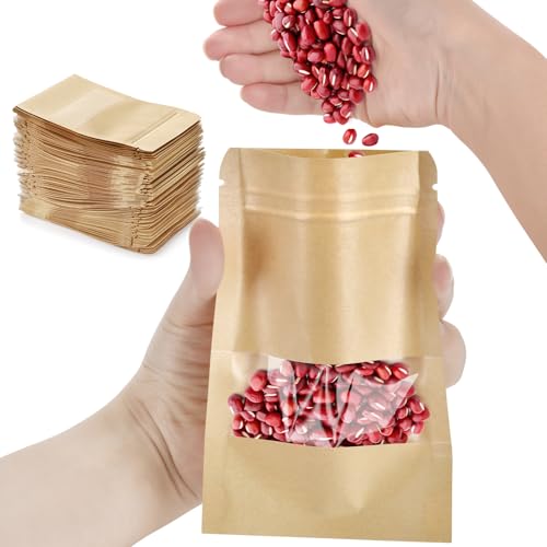 Wteehn 100 Pcs Small Resealable Seed Envelopes, Mini Zip Lock Kraft Bags with Window, 3.5"x5.5" Coffee Sample Bag Resealable Ziplock Bags, Small Business for Samples Food Storage Bag - Image 1