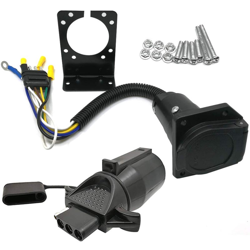 CARROFIX 4 Wire Flat Plug and 7 Way RV Blade Vehicle End Connector Kit 7 Way Round to 4 Way Flat Pin Adapter Towing Trailer Light Converter Plug with Mounting Bracket
