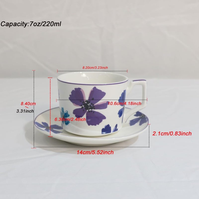 GuangYang 7oz Tea Cups set of 6, Fancy Color Flowers Design (Durable Porcelain for Hot Tea, Coffee, Latte,Small Macchiato, Cappuccino, Chocolate Drinks and Party) - Image 5
