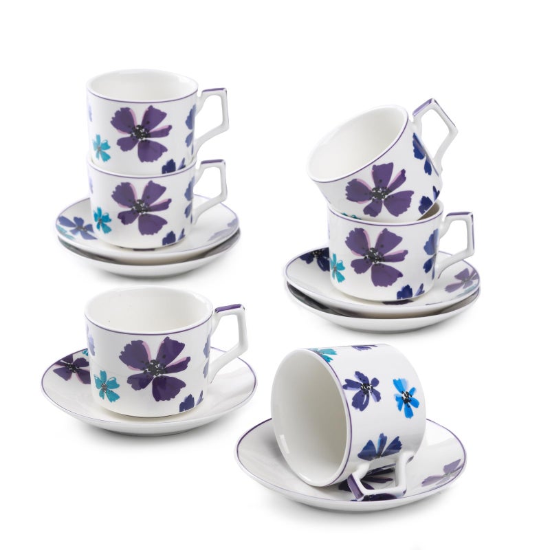 GuangYang 7oz Tea Cups set of 6, Fancy Color Flowers Design (Durable Porcelain for Hot Tea, Coffee, Latte,Small Macchiato, Cappuccino, Chocolate Drinks and Party) - Image 1