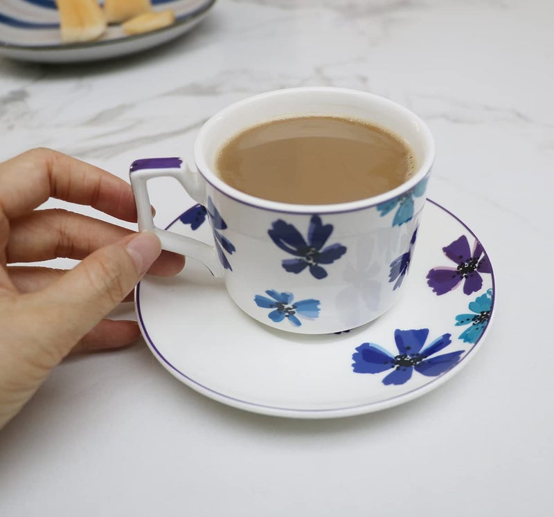 GuangYang 7oz Tea Cups set of 6, Fancy Color Flowers Design (Durable Porcelain for Hot Tea, Coffee, Latte,Small Macchiato, Cappuccino, Chocolate Drinks and Party) - Image 4
