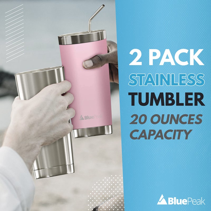 BluePeak BluePeak Double Wall Stainless Steel Insulated Tumbler Set  2-Pack  Includes Sipping Lids  Spill-Proof Sliding Lids  Straws  Cleaning Brush & Gift Box (20oz  Silver-Pink) - Image 2