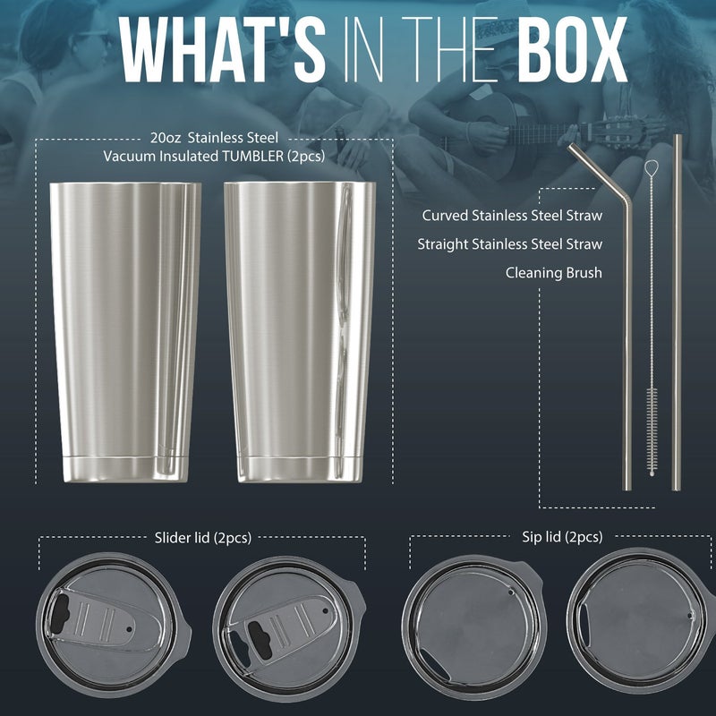 BluePeak BluePeak Double Wall Stainless Steel Insulated Tumbler Set  2-Pack  Includes Sipping Lids  Spill-Proof Sliding Lids  Straws  Cleaning Brush & Gift Box (20oz  Silver-Pink) - Image 4