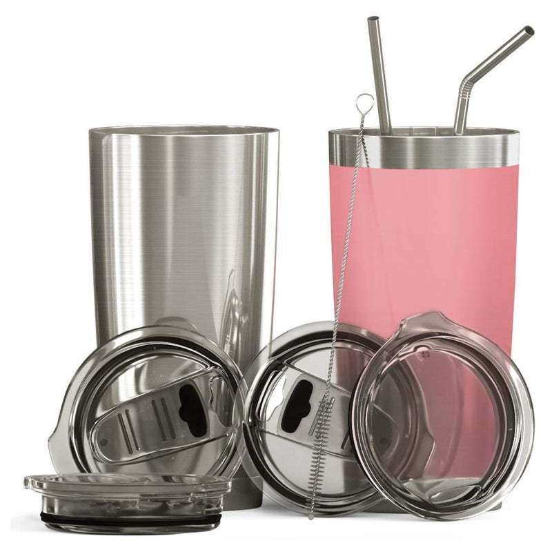 BluePeak BluePeak Double Wall Stainless Steel Insulated Tumbler Set  2-Pack  Includes Sipping Lids  Spill-Proof Sliding Lids  Straws  Cleaning Brush & Gift Box (20oz  Silver-Pink) - Image 1
