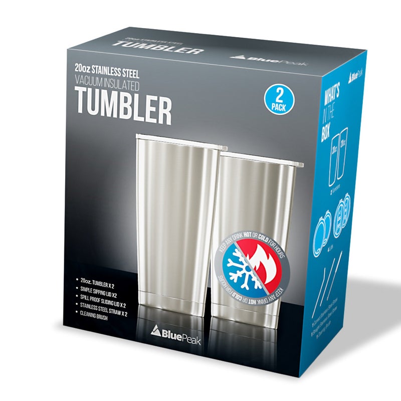 BluePeak BluePeak Double Wall Stainless Steel Insulated Tumbler Set  2-Pack  Includes Sipping Lids  Spill-Proof Sliding Lids  Straws  Cleaning Brush & Gift Box (20oz  Silver-Pink) - Image 3