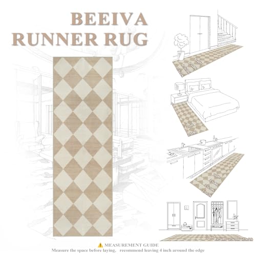 Beeiva Checkered Print Carpet Runners for Hallway 12ft, Beige Neutral Washable Long Hallway Runner Rug 2.5x12, Moroccan Gingham Diamond Carpet Ultra Thin Faux Wool Rug for Kitchen Decor - Image 5