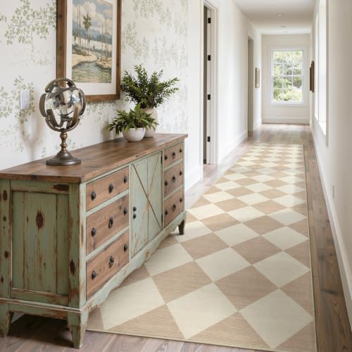 Beeiva Checkered Print Carpet Runners for Hallway 12ft, Beige Neutral Washable Long Hallway Runner Rug 2.5x12, Moroccan Gingham Diamond Carpet Ultra Thin Faux Wool Rug for Kitchen Decor - Image 1
