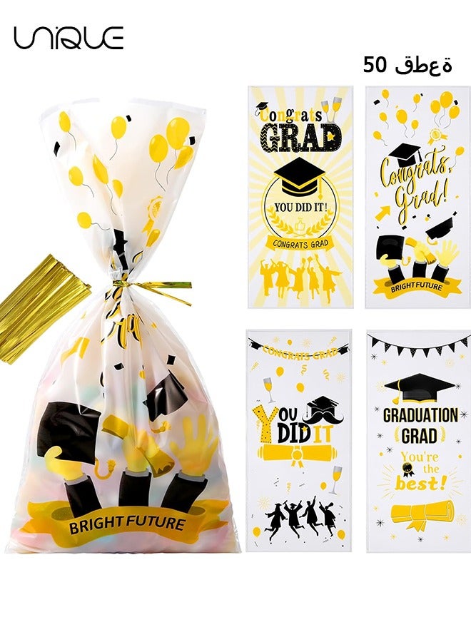 يونيك 50 حزمة مبروك غراد أكياس الهدايا، مبروك الخريجين أكياس حلوى الحاضر أكياس تغليف بلاستيكية واضحة ، مع 50 ربطة عنق تويست (الذهب الأسود ، 4 أنماط) - Image 1