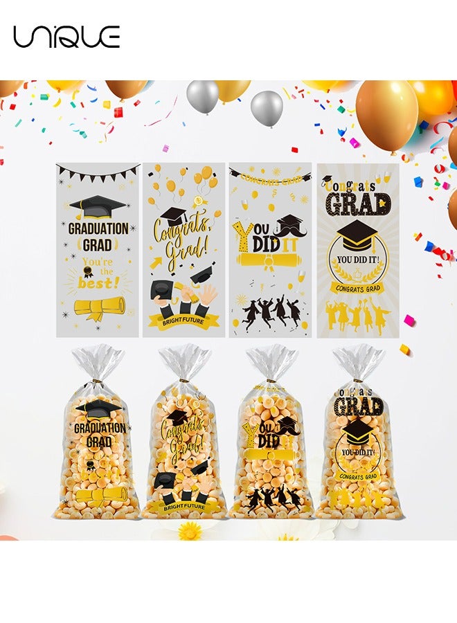 يونيك 50 حزمة مبروك غراد أكياس الهدايا، مبروك الخريجين أكياس حلوى الحاضر أكياس تغليف بلاستيكية واضحة ، مع 50 ربطة عنق تويست (الذهب الأسود ، 4 أنماط) - Image 3