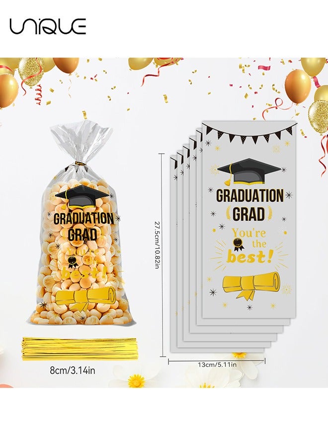 يونيك 50 حزمة مبروك غراد أكياس الهدايا، مبروك الخريجين أكياس حلوى الحاضر أكياس تغليف بلاستيكية واضحة ، مع 50 ربطة عنق تويست (الذهب الأسود ، 4 أنماط) - Image 2