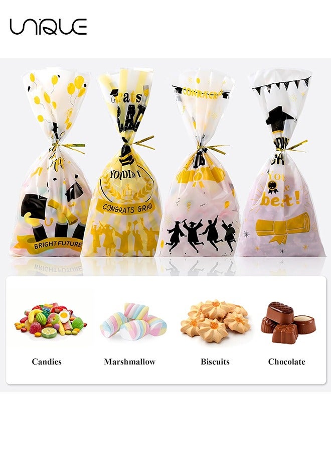 يونيك 50 حزمة مبروك غراد أكياس الهدايا، مبروك الخريجين أكياس حلوى الحاضر أكياس تغليف بلاستيكية واضحة ، مع 50 ربطة عنق تويست (الذهب الأسود ، 4 أنماط) - Image 5